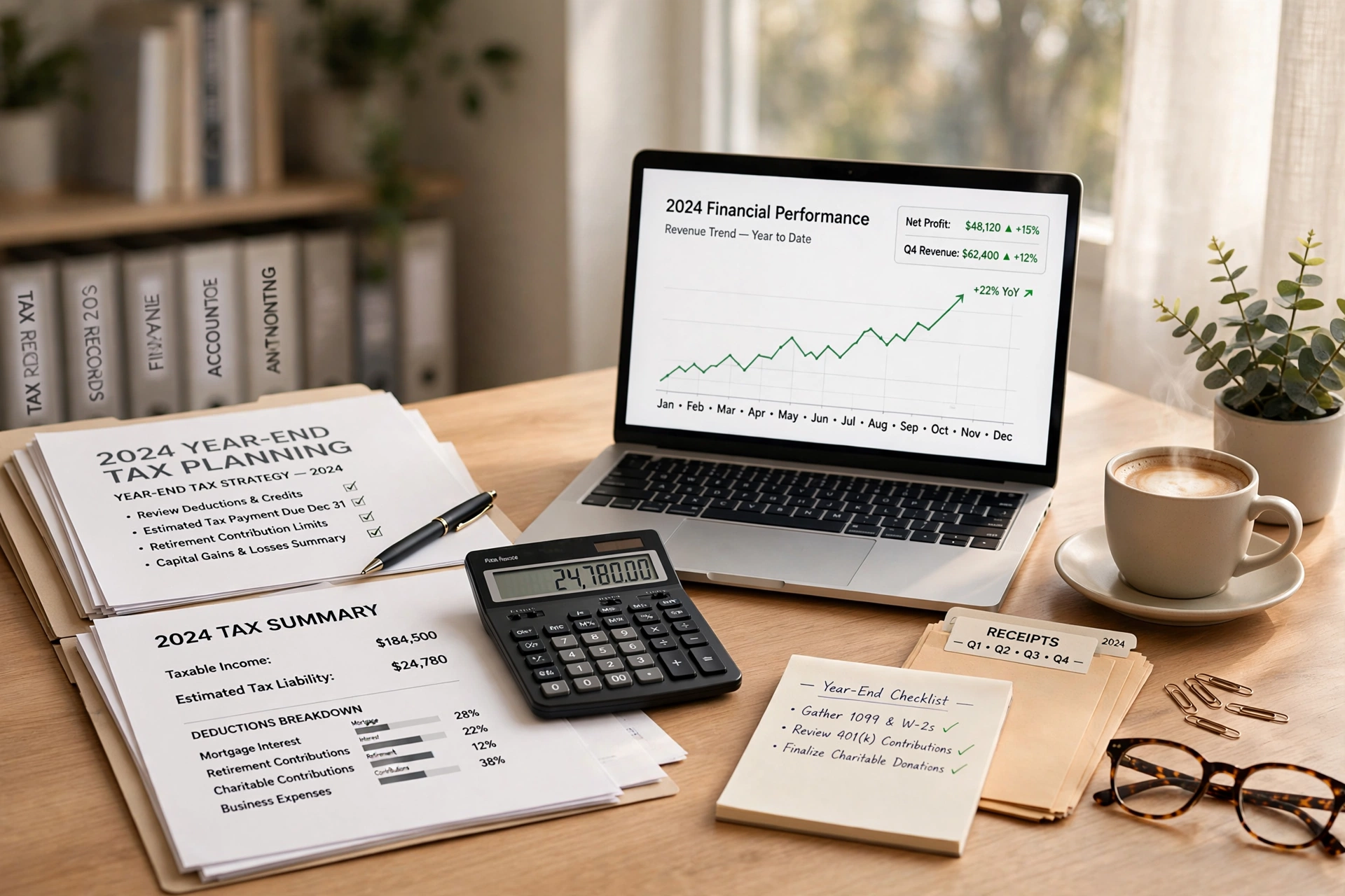 Year-end tax planning workspace with financial documents and charts